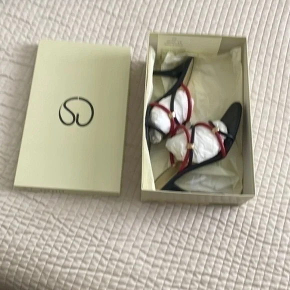 St. John leather mules strappy calypso navy red gold monogram - Picture 5 of 16